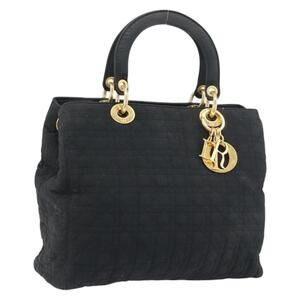 Christian Dior Lady Dior Canage Hand Bag Nylon Black Gold Auth 155702
